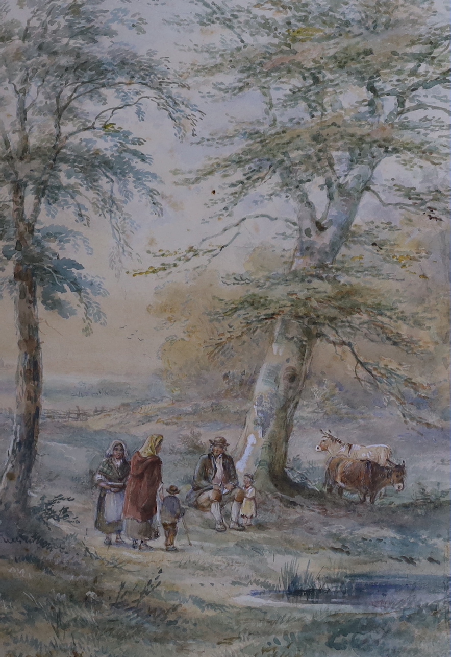 Henry Earp Snr.(1831-1914), pair of watercolours, Travellers seated beside a pond and Wagon in a landscape, both signed, 36 x 26cm